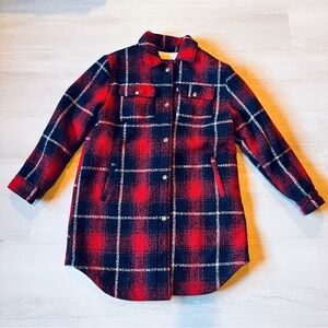 Levi's Women's Red Navy Plaid Faux Shearling Lined Long Shirt Jacket Size M